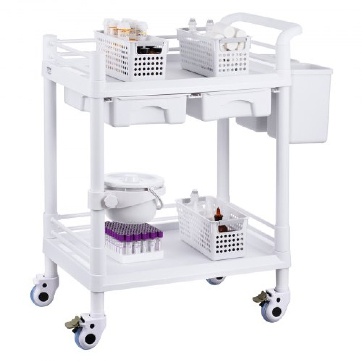 VEVOR 2 Tiers Lab Carts, Lab Utility Cart με 2 δίσκους, 2 συρτάρια & 4 Silent Wheels, Mobile ιατρικό καρότσι με υλικό PP, Lab Rolling Cart με 3 κάδους απορριμμάτων για εργαστήριο, κλινική, νοσοκομείο, σαλόνι, λευκό