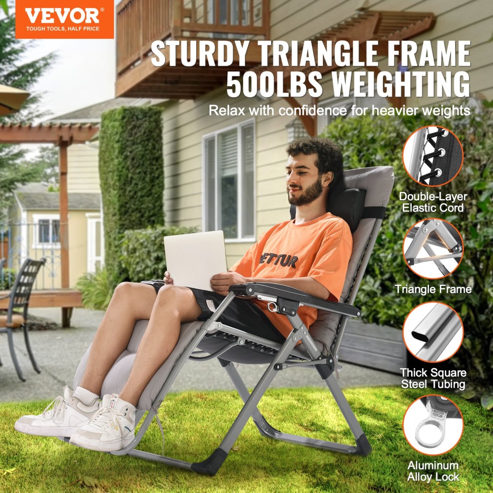 Καρέκλα VEVOR Zero Gravity, 26 ιντσών Zero Gravity Recliner Lounge Chair για εσωτερικούς και εξωτερικούς χώρους, ρυθμιζόμενη καρέκλα Anti Gravity με μαξιλάρι, προσκέφαλο, υποπόδιο και ποτηροθήκη, 500 lbs, γκρι