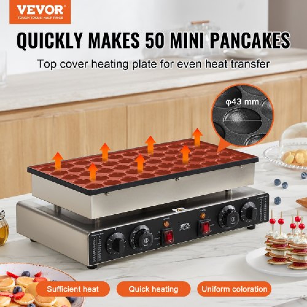 VEVOR Mini Dutch Pancake Maker, 50PCS 43mm Διάμετρος Dorayaki Baker Machine, 1700W Εμπορική ηλεκτρική ψησταριά Poffertjes, Αντικολλητικό ανοξείδωτο ατσάλι, Διπλός έλεγχος θερμοκρασίας & χρόνου, για οικιακή κουζίνα εστιατόριο