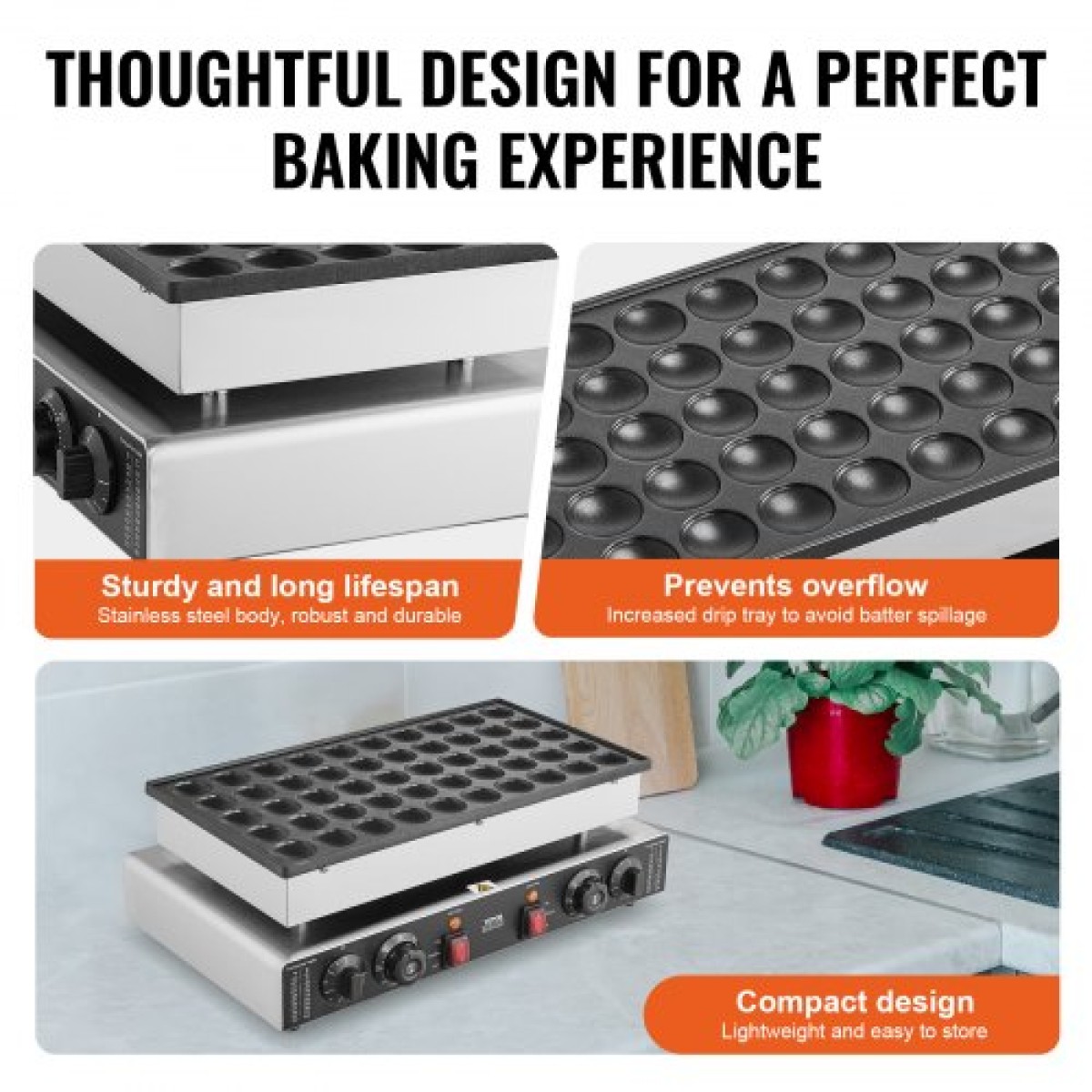 VEVOR Mini Dutch Pancake Maker, 50PCS 43mm Διάμετρος Dorayaki Baker Machine, 1700W Εμπορική ηλεκτρική ψησταριά Poffertjes, Αντικολλητικό ανοξείδωτο ατσάλι, Διπλός έλεγχος θερμοκρασίας & χρόνου, για οικιακή κουζίνα εστιατόριο