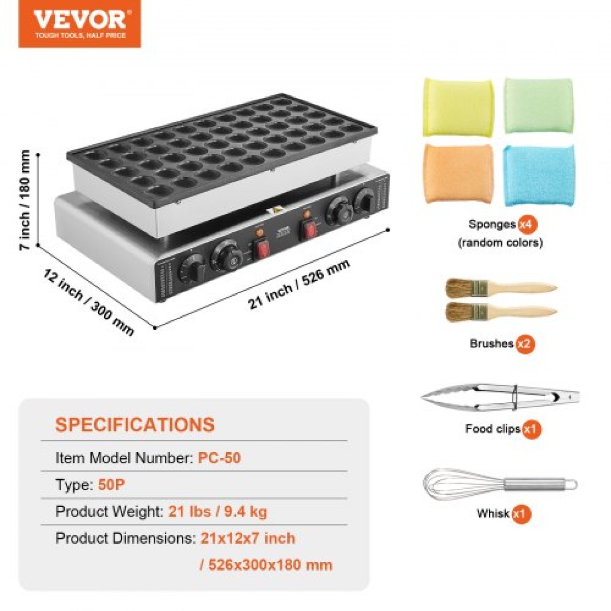 VEVOR Mini Dutch Pancake Maker, 50PCS 43mm Διάμετρος Dorayaki Baker Machine, 1700W Εμπορική ηλεκτρική ψησταριά Poffertjes, Αντικολλητικό ανοξείδωτο ατσάλι, Διπλός έλεγχος θερμοκρασίας & χρόνου, για οικιακή κουζίνα εστιατόριο