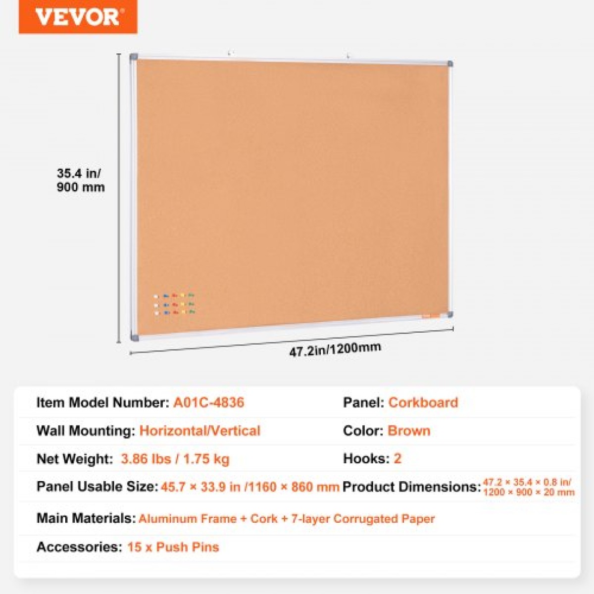 VEVOR 48"x36" μεγάλη σανίδα από φελλό – Επιτοίχιος πίνακας ανακοινώσεων με καρφίτσα – Ιδανική για σχολείο, σπίτι, γραφείο