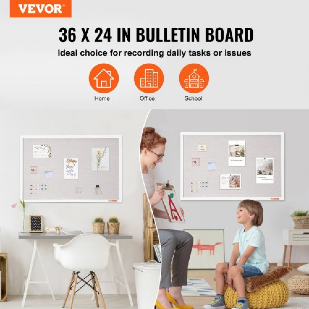 VEVOR 36"x24" Λευκός πίνακας από φελλό με λινή επιφάνεια – Κομψός επιτοίχιος πίνακας ανακοινώσεων για σπίτι, σχολείο, γραφείο – Κομψός και λειτουργικός πίνακας ανακοινώσεων
