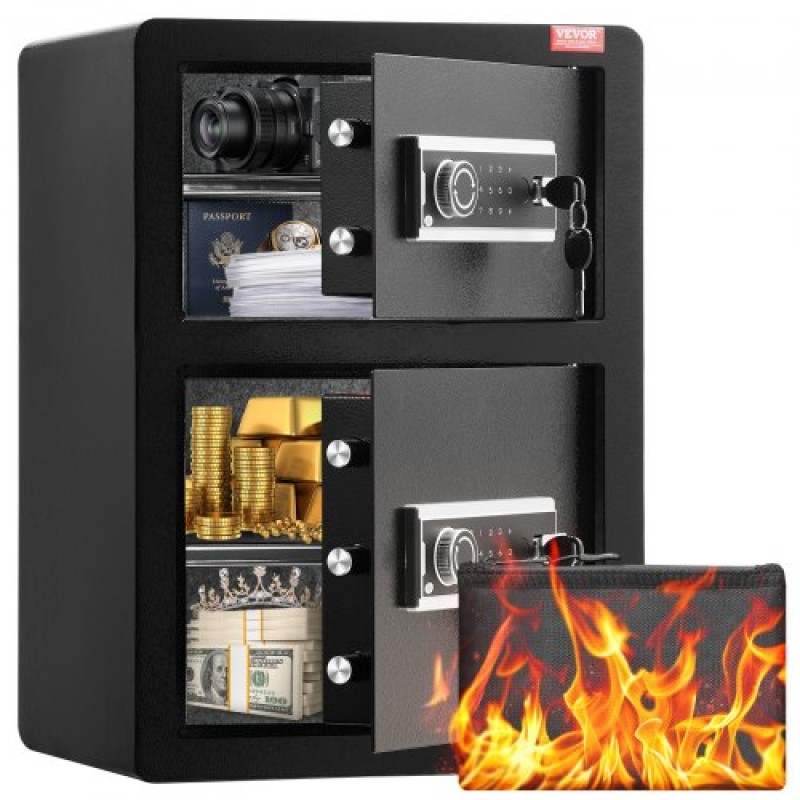 VEVOR Διπλές Πόρτες 3,5 cu.ft Χρηματοκιβώτιο με κλειδαριά & κωδικό πρόσβασης, Θυρίδα ασφαλείας με πυρίμαχη τσάντα, βάση κλειδιών, φως LED και 2 ρυθμιζόμενο ύψος και αφαιρούμενο διαχωριστικό για χρήματα, έγγραφα, κοσμήματα και αντικείμενα αξίας, Μαύρο