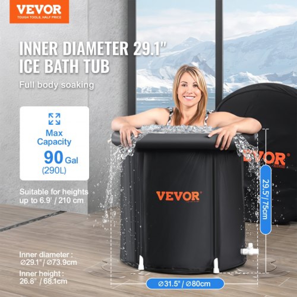 VEVOR Ice Bath Bath, 80 cm Long Cold Water Therapy Plunge Bath for Athletes, Φορητή εξωτερική πισίνα με βαρέλι πάγου για ανάκτηση, φουσκωτή πτυσσόμενη μπανιέρα 341L με κάλυμμα, οικιακή παγοθήκη για ενήλικες