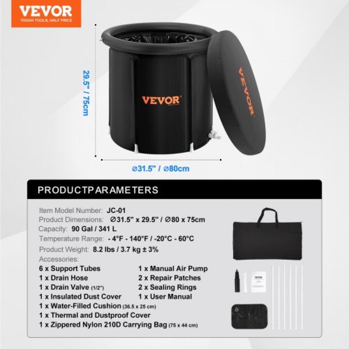 VEVOR Ice Bath Bath, 80 cm Long Cold Water Therapy Plunge Bath for Athletes, Φορητή εξωτερική πισίνα με βαρέλι πάγου για ανάκτηση, φουσκωτή πτυσσόμενη μπανιέρα 341L με κάλυμμα, οικιακή παγοθήκη για ενήλικες