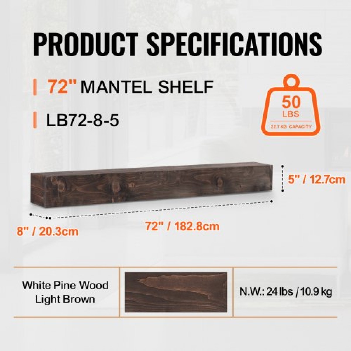 Επάνδυση τζακιού VEVOR, 72" x 8" x 5", χωρητικότητα βάρους 50 λίβρες, κάλυμμα από φυσικό ξύλο για πάνω από τζάκι, επιτοίχιο πλωτό ράφι αγροικίας, χειροποίητο τζάκι για διακόσμηση τοίχου, ανοιχτό καφέ