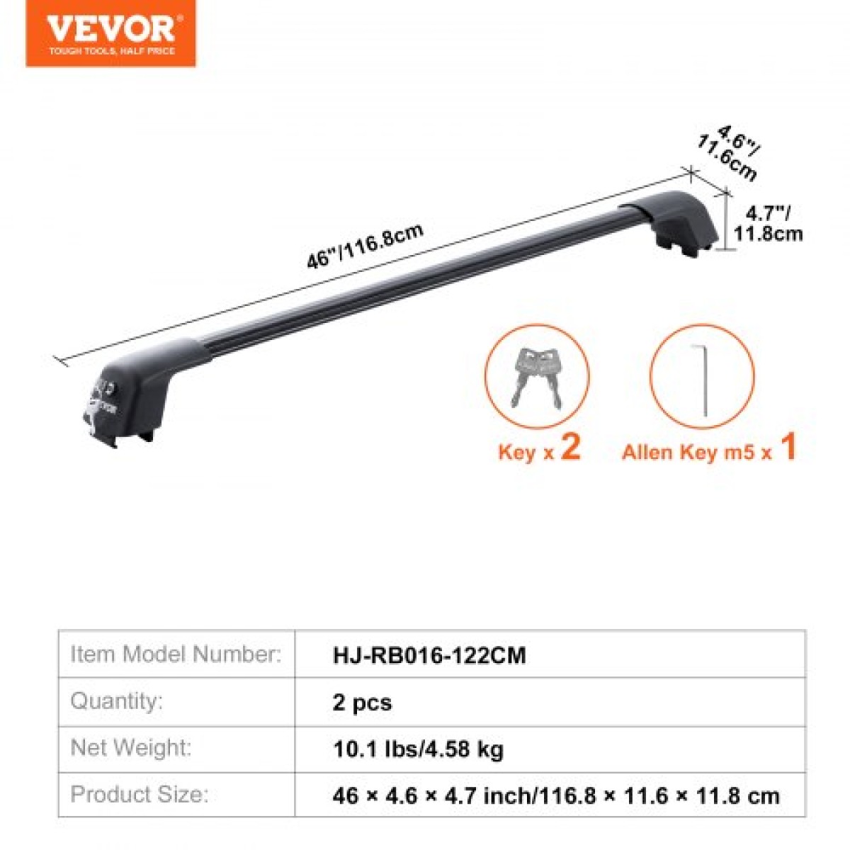 VEVOR Universal Roof Rack Crossbar Max 122,9 cm Ταιριάζει σε αυλακωτές πλαϊνές ράγες χωρίς διάκενο