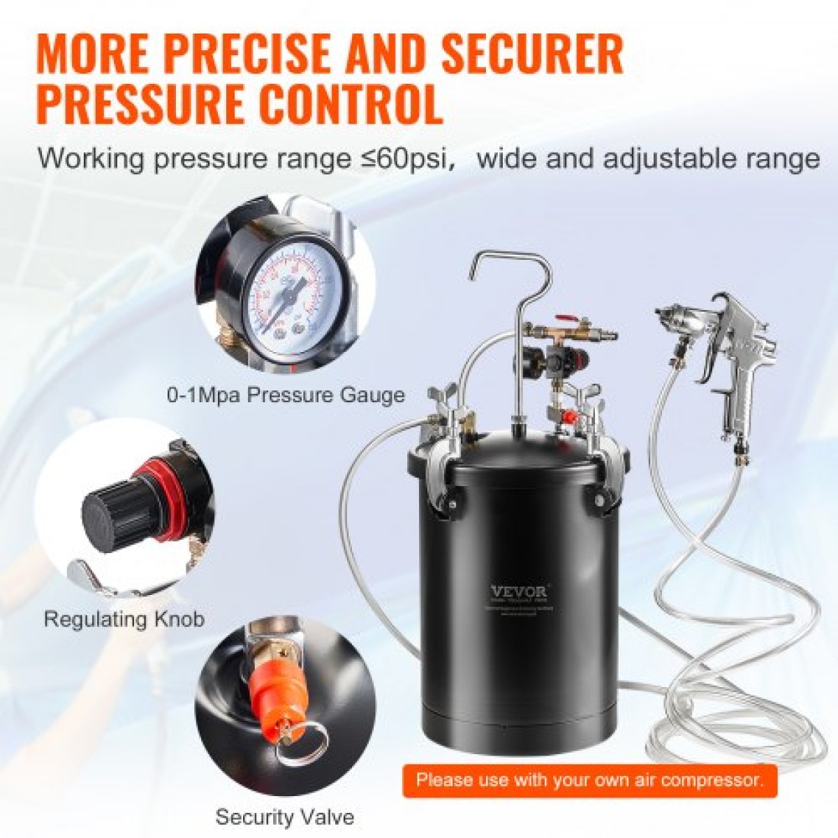 Δοχείο πίεσης βαφής VEVOR, δοχείο πίεσης 15L/3,75 gal, Ρυθμιζόμενη πίεση 60 psi, Δεξαμενή βαφής δοχείου πίεσης από χάλυβα με πιστόλι ψεκασμού, σωλήνες, μετρητής πίεσης, για διακόσμηση σπιτιού και βιομηχανική βαφή