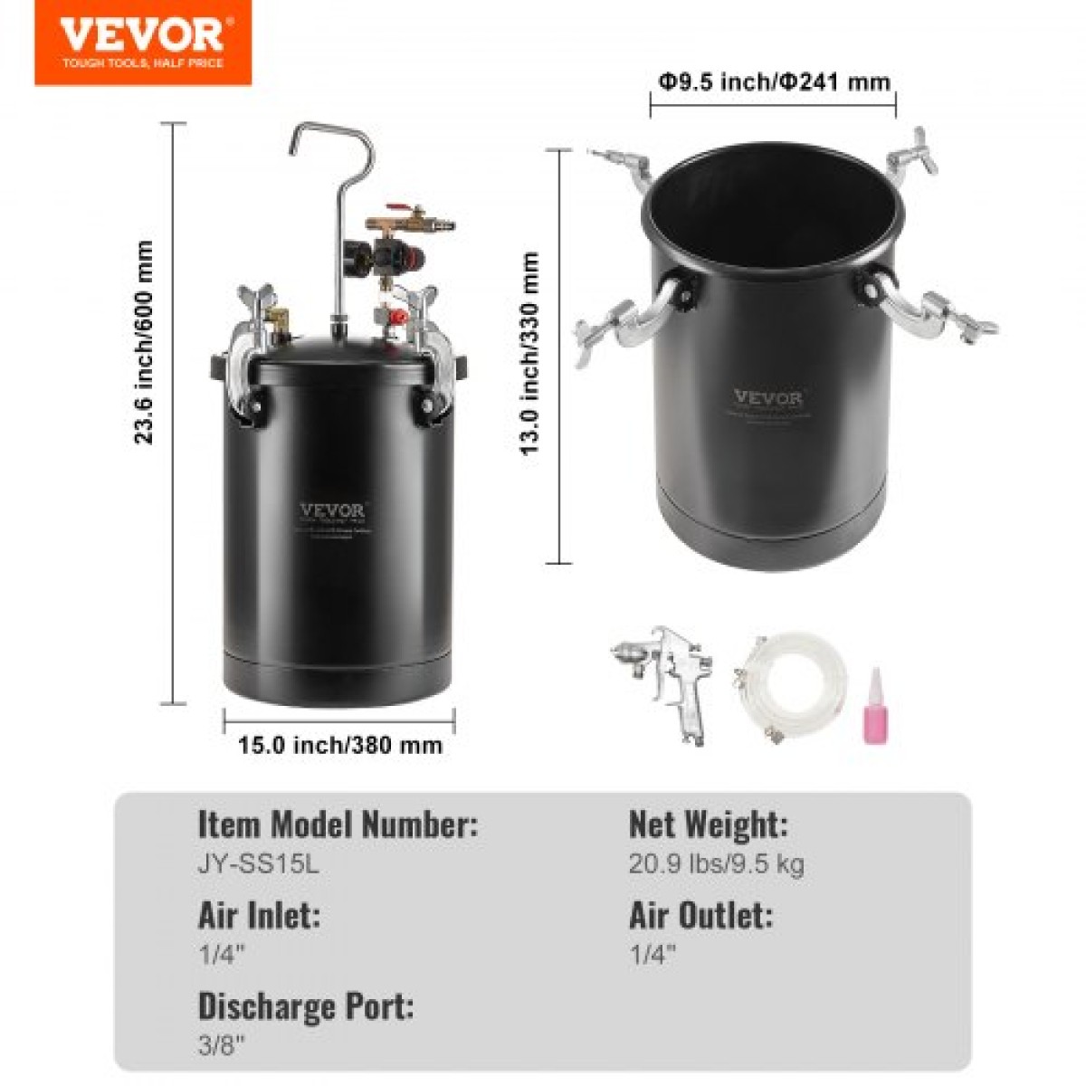 Δοχείο πίεσης βαφής VEVOR, δοχείο πίεσης 15L/3,75 gal, Ρυθμιζόμενη πίεση 60 psi, Δεξαμενή βαφής δοχείου πίεσης από χάλυβα με πιστόλι ψεκασμού, σωλήνες, μετρητής πίεσης, για διακόσμηση σπιτιού και βιομηχανική βαφή