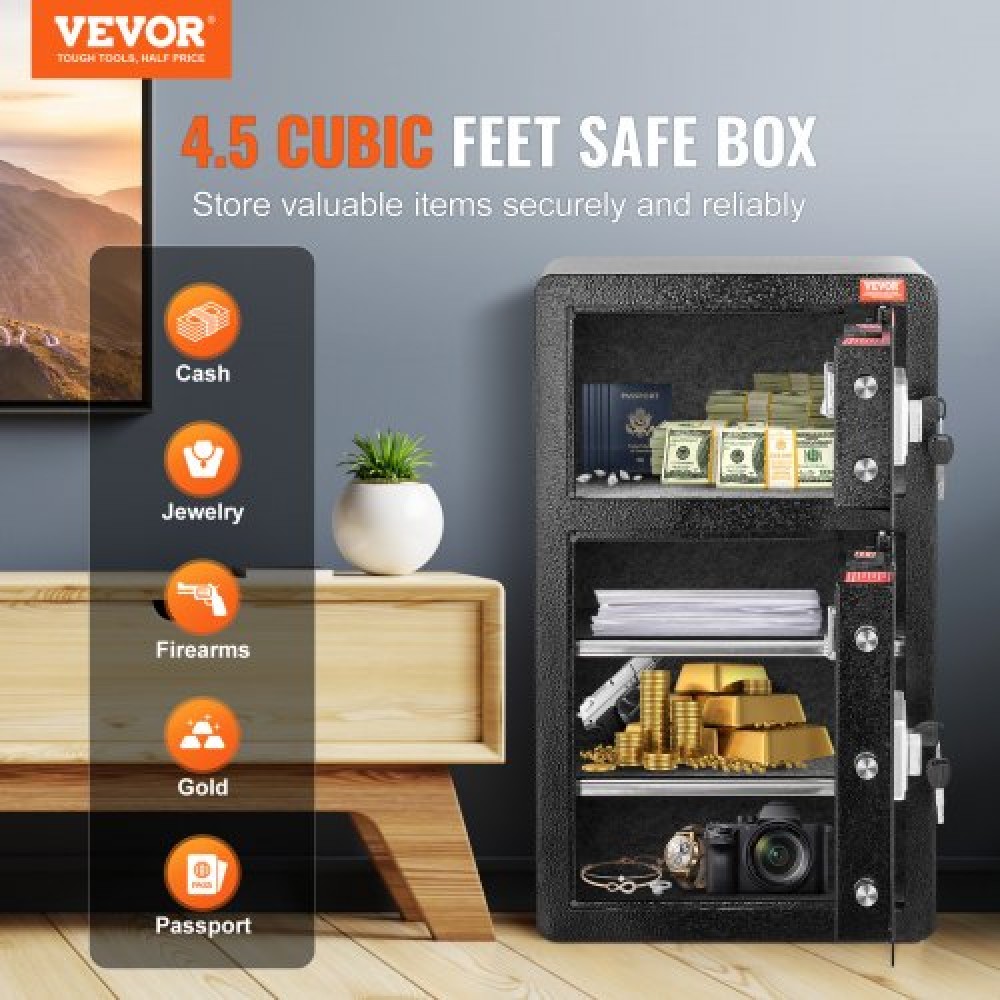 VEVOR Διπλές Πόρτες 4,5 cu.ft Χρηματοκιβώτιο με κλειδαριά & κωδικό πρόσβασης, Θυρίδα ασφαλείας με πυρίμαχη τσάντα, βάση κλειδιών, φως LED και 2 ρυθμιζόμενο ύψος και αφαιρούμενο διαχωριστικό για χρήματα, έγγραφα, κοσμήματα και αντικείμενα αξίας, Μαύρο