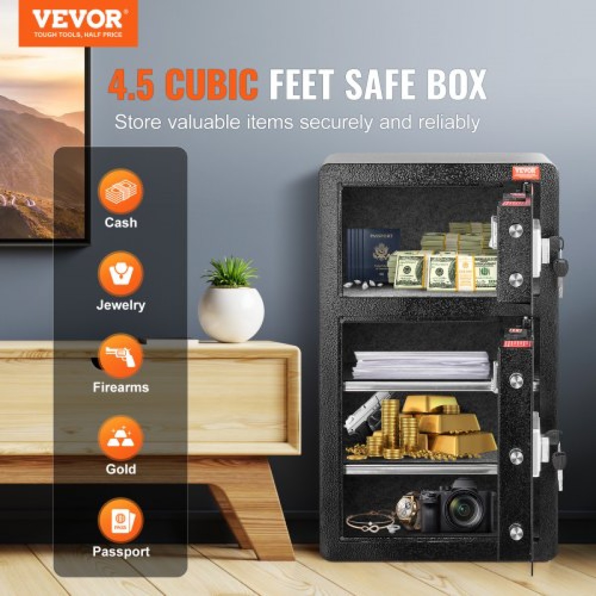 VEVOR Διπλές Πόρτες 4,5 cu.ft Χρηματοκιβώτιο με κλειδαριά & κωδικό πρόσβασης, Θυρίδα ασφαλείας με πυρίμαχη τσάντα, βάση κλειδιών, φως LED και 2 ρυθμιζόμενο ύψος και αφαιρούμενο διαχωριστικό για χρήματα, έγγραφα, κοσμήματα και αντικείμενα αξίας, Μαύρο