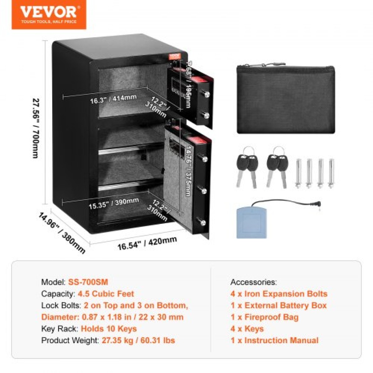 VEVOR Διπλές Πόρτες 4,5 cu.ft Χρηματοκιβώτιο με κλειδαριά & κωδικό πρόσβασης, Θυρίδα ασφαλείας με πυρίμαχη τσάντα, βάση κλειδιών, φως LED και 2 ρυθμιζόμενο ύψος και αφαιρούμενο διαχωριστικό για χρήματα, έγγραφα, κοσμήματα και αντικείμενα αξίας, Μαύρο