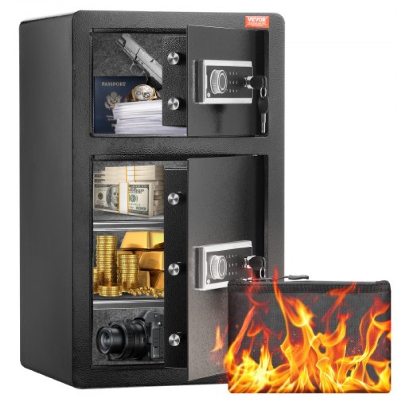 VEVOR Διπλές Πόρτες 4,5 cu.ft Χρηματοκιβώτιο με κλειδαριά & κωδικό πρόσβασης, Θυρίδα ασφαλείας με πυρίμαχη τσάντα, βάση κλειδιών, φως LED και 2 ρυθμιζόμενο ύψος και αφαιρούμενο διαχωριστικό για χρήματα, έγγραφα, κοσμήματα και αντικείμενα αξίας, Μαύρο