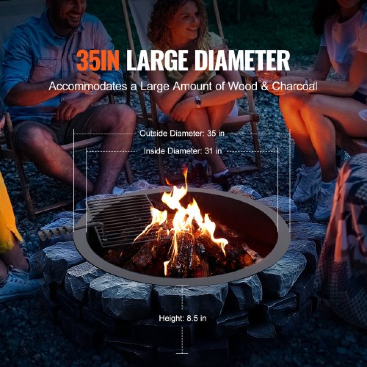 VEVOR Fire Pit Ring, Fire Pit Insert with Fire Ring, 35-In Outer/31-In Internal Diameter, 8,5 in Height, Carbon Steel Liner DIY Campfire Ring over/In-Ground, for Outdoor Camping, Bonfires