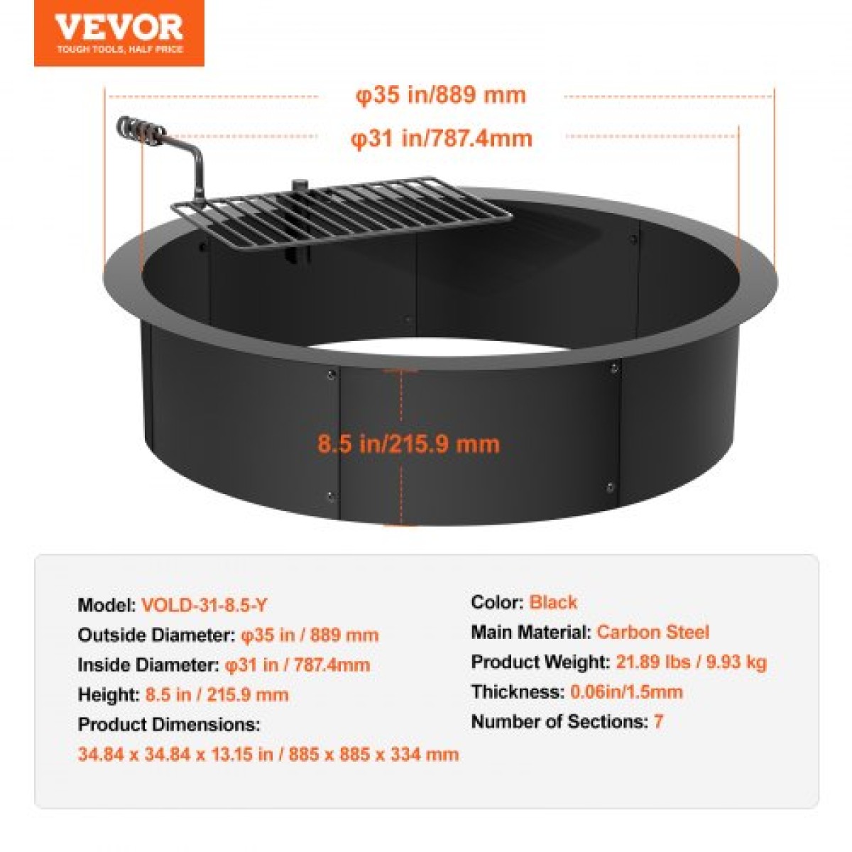 VEVOR Fire Pit Ring, Fire Pit Insert with Fire Ring, 35-In Outer/31-In Internal Diameter, 8,5 in Height, Carbon Steel Liner DIY Campfire Ring over/In-Ground, for Outdoor Camping, Bonfires