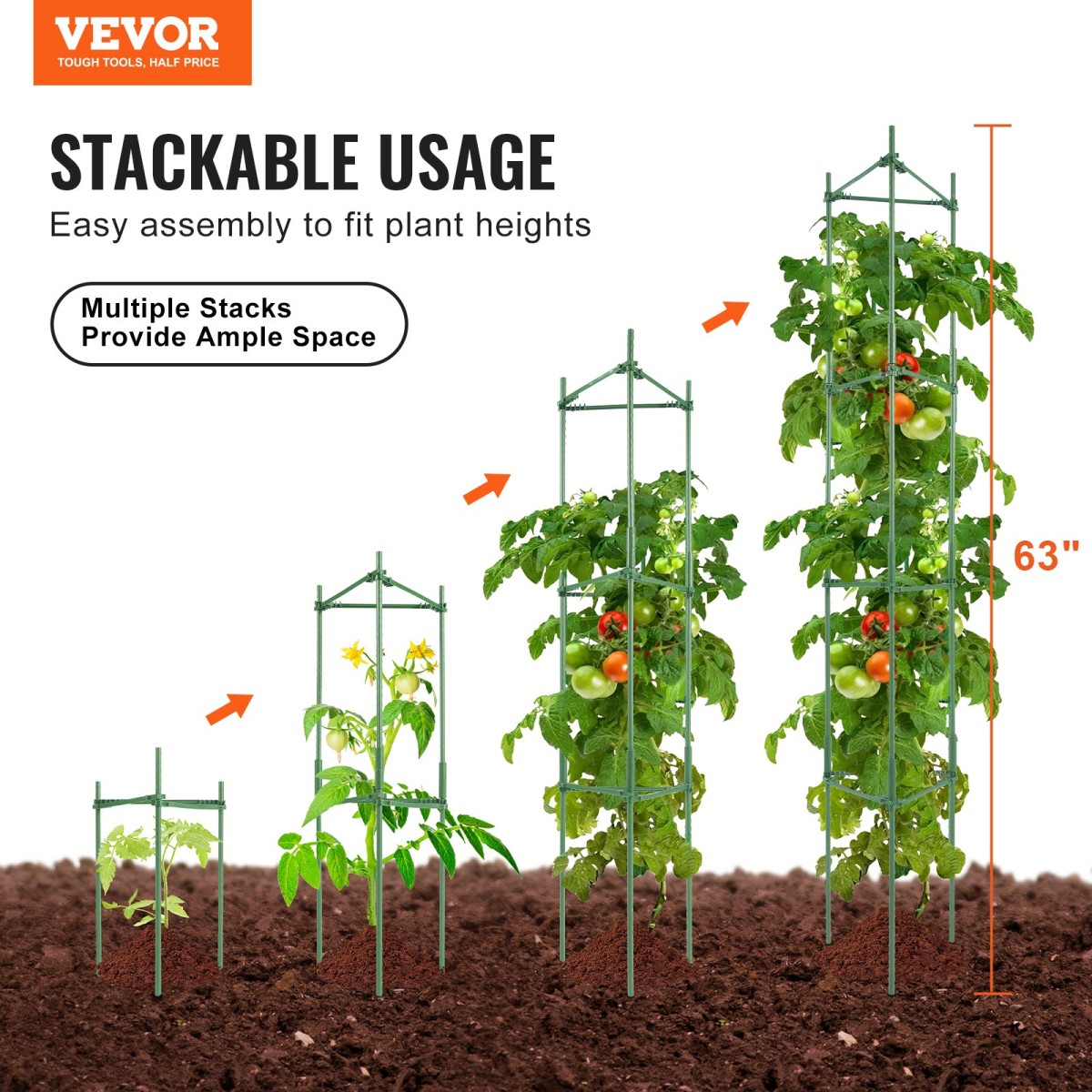 VEVOR 4 Packs Κλουβιά ντομάτας για κήπο, 63 ιντσών Tomato Trellis Plant Stakes Support, Stackable Tall Plant Support Cage, για υπερυψωμένο κρεβάτι κήπου, λαχανικά λουλούδια και αναρριχώμενα φυτά