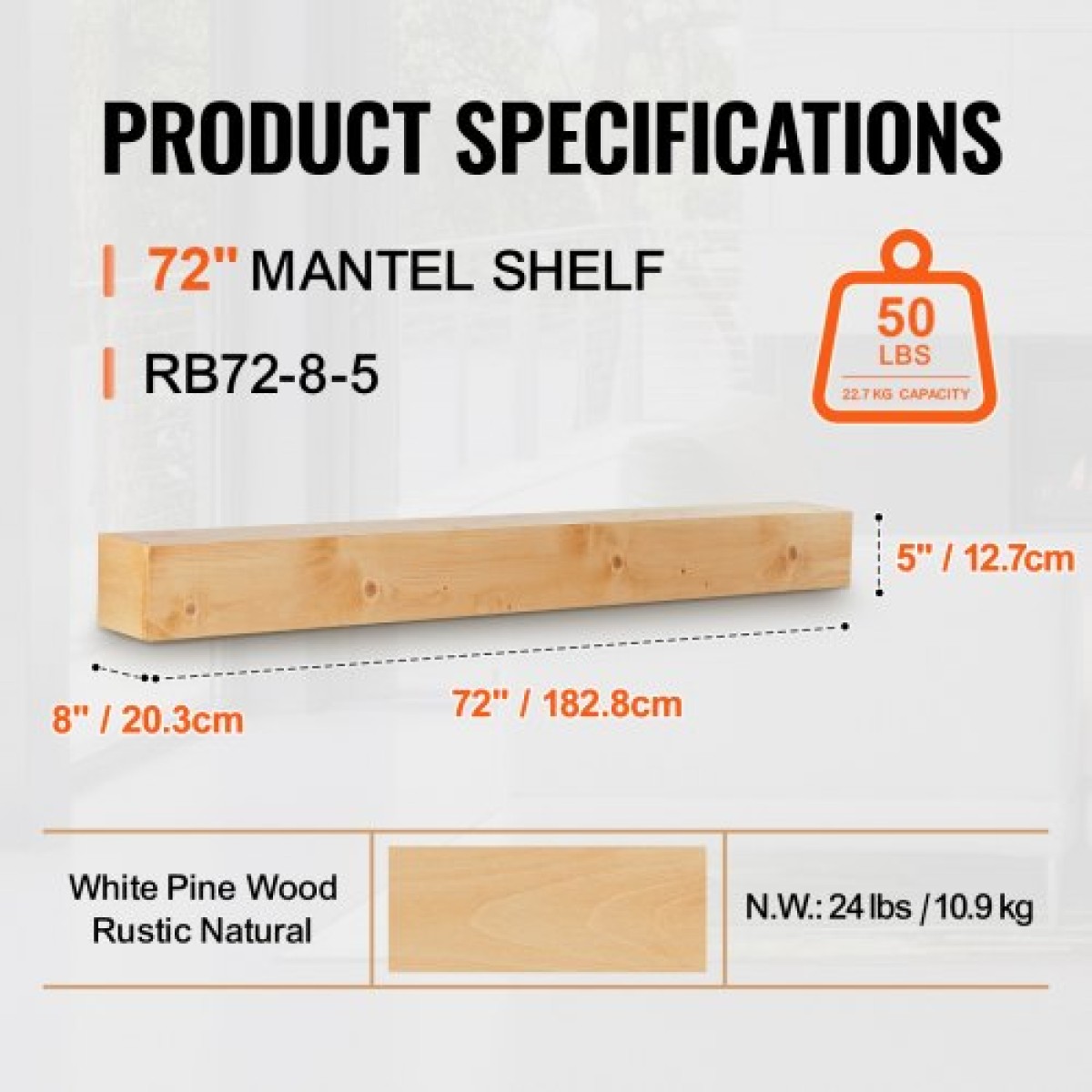 Επάνδυση τζακιού VEVOR, 72" x 8" x 5", Χωρητικότητα βάρους 50 λίβρες, Επάνδυση από φυσικό ξύλο για πάνω από τζάκι, επιτοίχιο πλωτό ράφι αγροικίας, χειροποίητο ξύλινο μαντήλι για διακόσμηση τοίχων, ρουστίκ φυσικό