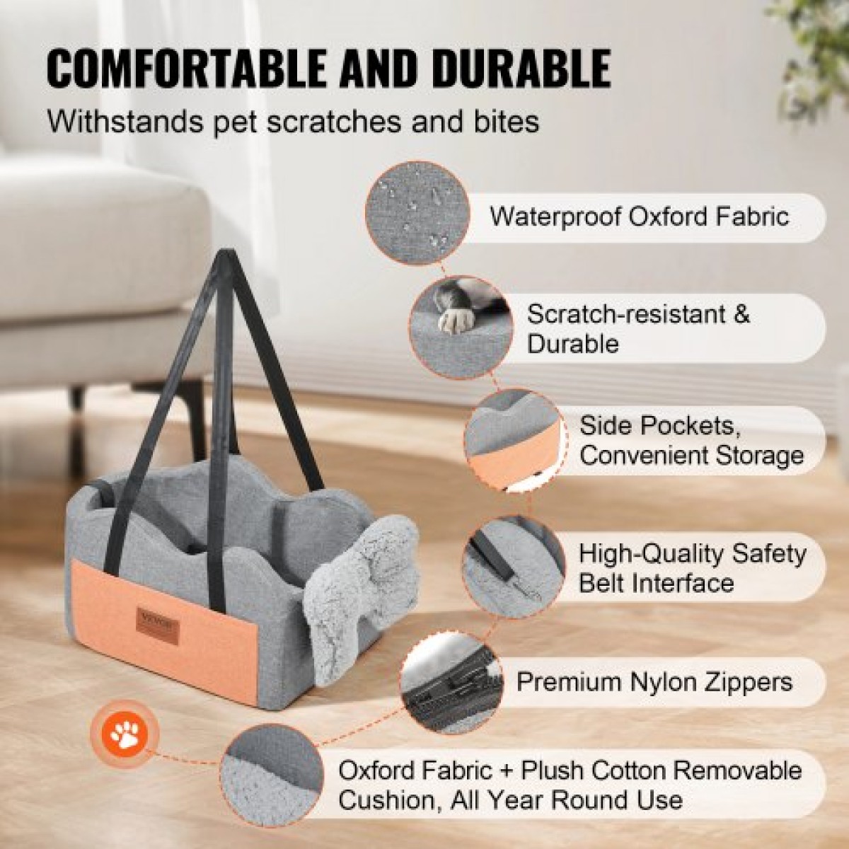 Κονσόλα VEVOR Dog Seat Car, Κεντρική κονσόλα Dog Booster Seat for Small Dog, Pet Car Seat for Car Support with Clip-On Leash, Ρυθμιζόμενα λουριά, Υποστηρίζει έως 8 lbs, Σκούρο γκρι