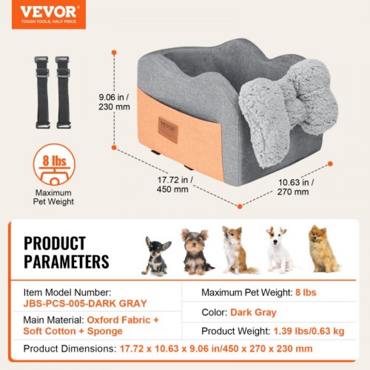 Κονσόλα VEVOR Dog Seat Car, Κεντρική κονσόλα Dog Booster Seat for Small Dog, Pet Car Seat for Car Support with Clip-On Leash, Ρυθμιζόμενα λουριά, Υποστηρίζει έως 8 lbs, Σκούρο γκρι