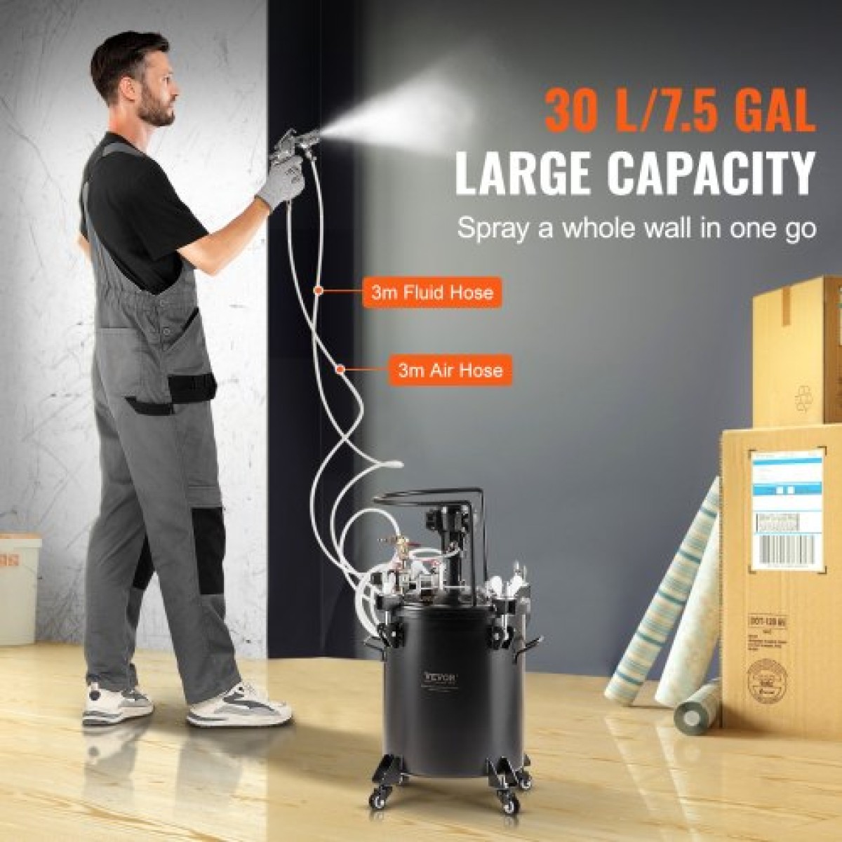 Δοχείο πίεσης βαφής VEVOR, 30 L/7,5 gal Πλήρως αυτόματο δοχείο δοχείου πίεσης ανάδευσης, Ρυθμιζόμενη πίεση 70 psi, δοχείο βαφής δοχείου πίεσης με πιστόλι και σωλήνες ψεκασμού, για βιομηχανική βαφή οικιακής διακόσμησης