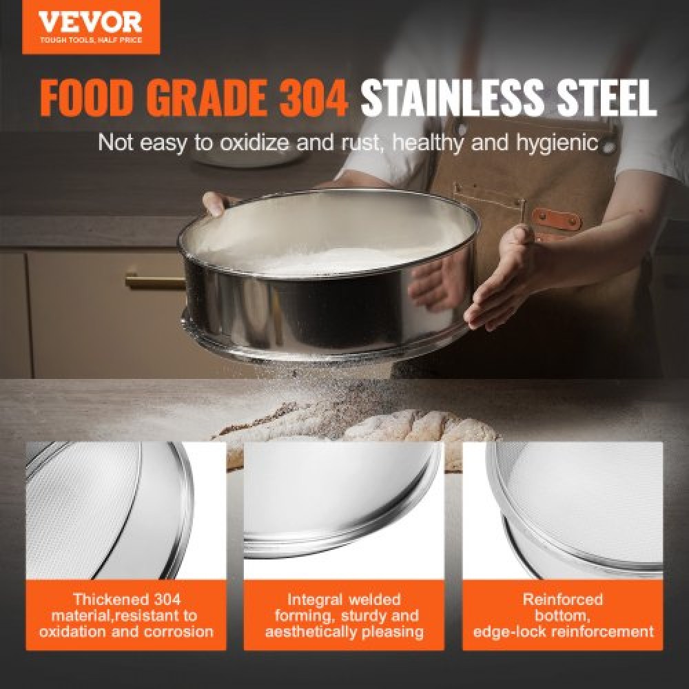 VEVOR Flour Sieve Fine Mesh, 10 Mesh Flour Sifter, 304 Stainless Steel Fine Mesh Sifter Food-grade, Dia.Διχτυωτές 12,6" για ψήσιμο, Διχτυωτή τρύπα 5 μεγεθών για Mungbean, ρύζι, αλεύρι, μαργαριτάρι σε σκόνη