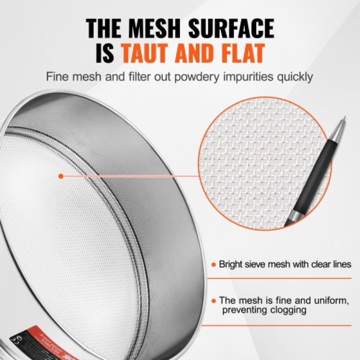 VEVOR Flour Sieve Fine Mesh, 10 Mesh Flour Sifter, 304 Stainless Steel Fine Mesh Sifter Food-grade, Dia.Διχτυωτές 12,6" για ψήσιμο, Διχτυωτή τρύπα 5 μεγεθών για Mungbean, ρύζι, αλεύρι, μαργαριτάρι σε σκόνη