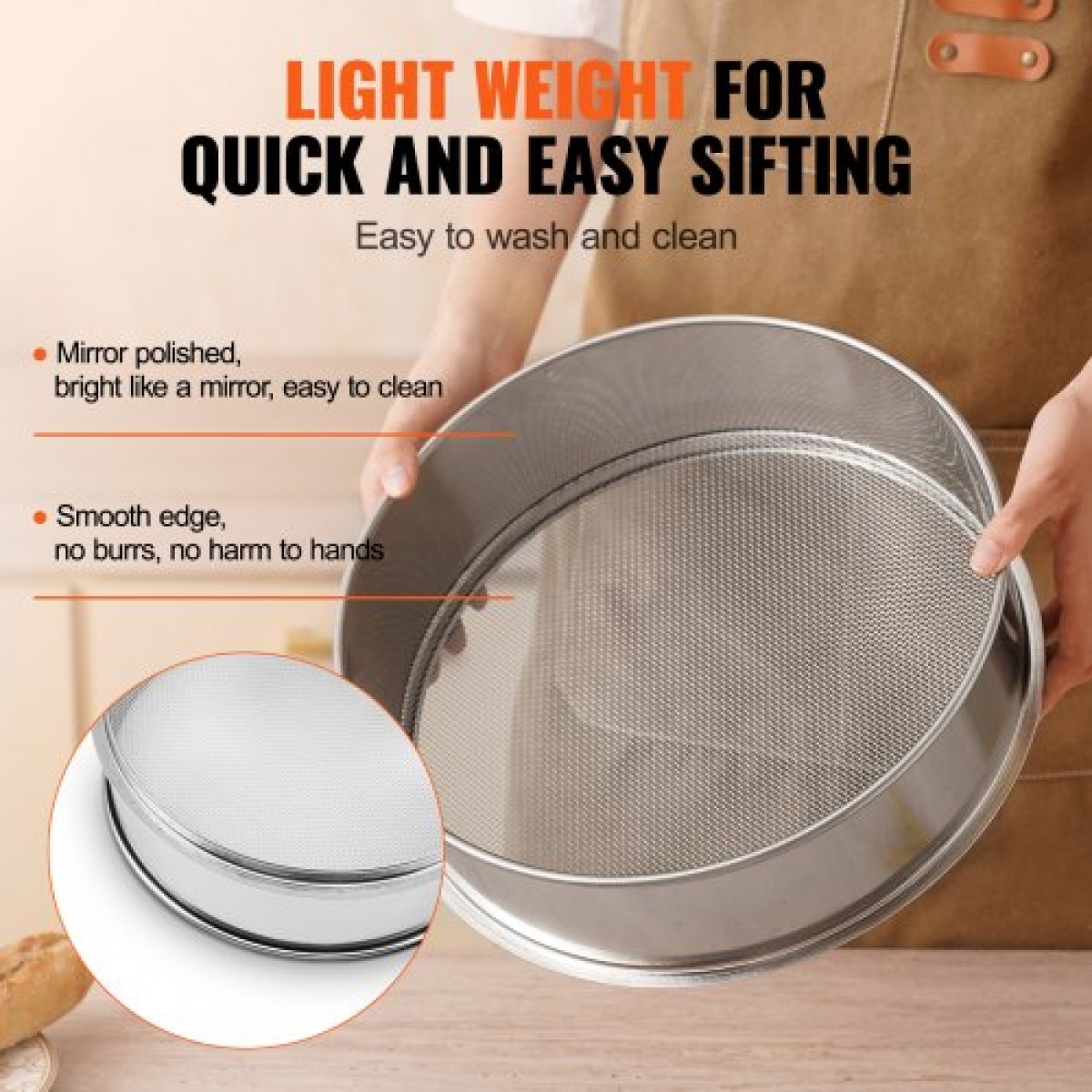 VEVOR Flour Sieve Fine Mesh, 10 Mesh Flour Sifter, 304 Stainless Steel Fine Mesh Sifter Food-grade, Dia.Διχτυωτές 12,6" για ψήσιμο, Διχτυωτή τρύπα 5 μεγεθών για Mungbean, ρύζι, αλεύρι, μαργαριτάρι σε σκόνη