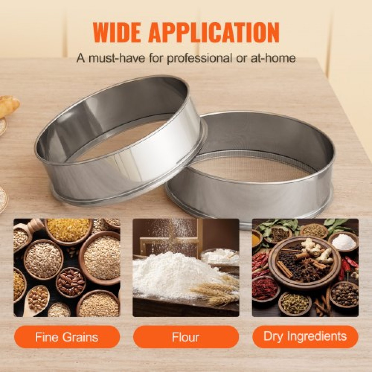 VEVOR Flour Sieve Fine Mesh, 10 Mesh Flour Sifter, 304 Stainless Steel Fine Mesh Sifter Food-grade, Dia.Διχτυωτές 12,6" για ψήσιμο, Διχτυωτή τρύπα 5 μεγεθών για Mungbean, ρύζι, αλεύρι, μαργαριτάρι σε σκόνη