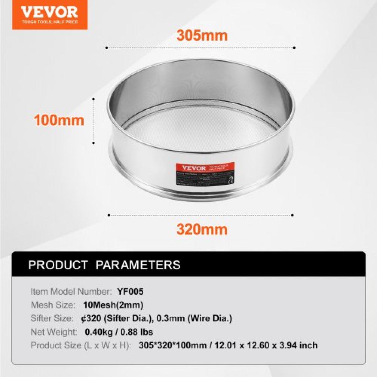 VEVOR Flour Sieve Fine Mesh, 10 Mesh Flour Sifter, 304 Stainless Steel Fine Mesh Sifter Food-grade, Dia.Διχτυωτές 12,6" για ψήσιμο, Διχτυωτή τρύπα 5 μεγεθών για Mungbean, ρύζι, αλεύρι, μαργαριτάρι σε σκόνη