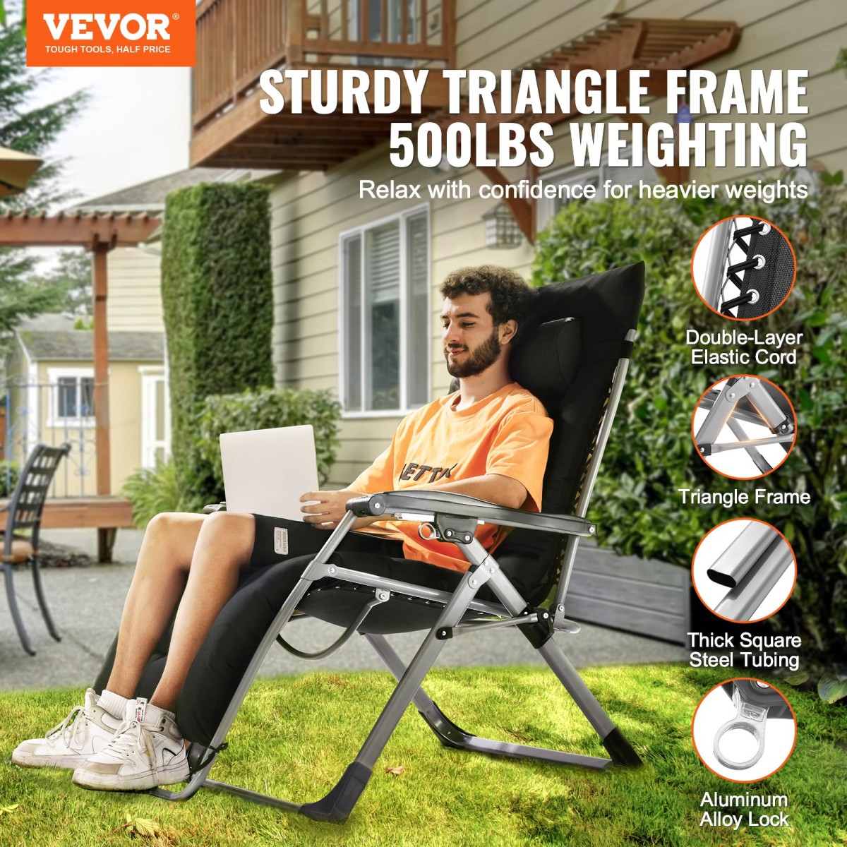 Καρέκλα VEVOR Zero Gravity, 33 ιντσών Zero Gravity Recliner Lounge Chair για εσωτερικούς και εξωτερικούς χώρους, Ρυθμιζόμενη καρέκλα Anti Gravity με μαξιλάρι, προσκέφαλο, υποπόδιο και ποτηροθήκη, 500 lbs, Μαύρο