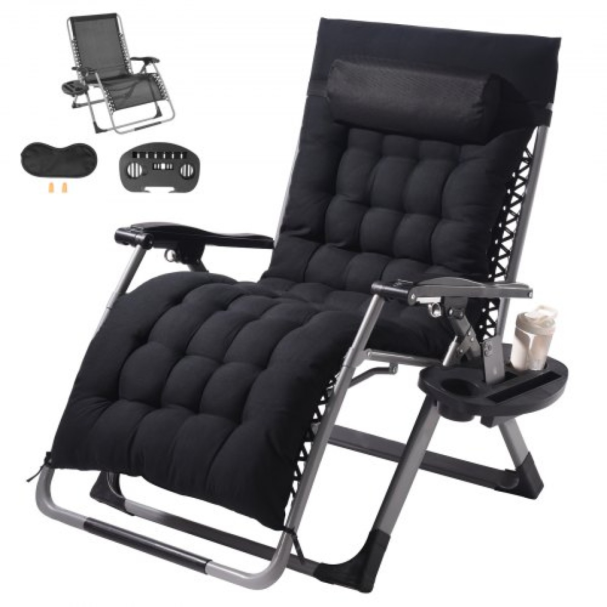 Καρέκλα VEVOR Zero Gravity, 33 ιντσών Zero Gravity Recliner Lounge Chair για εσωτερικούς και εξωτερικούς χώρους, Ρυθμιζόμενη καρέκλα Anti Gravity με μαξιλάρι, προσκέφαλο, υποπόδιο και ποτηροθήκη, 500 lbs, Μαύρο