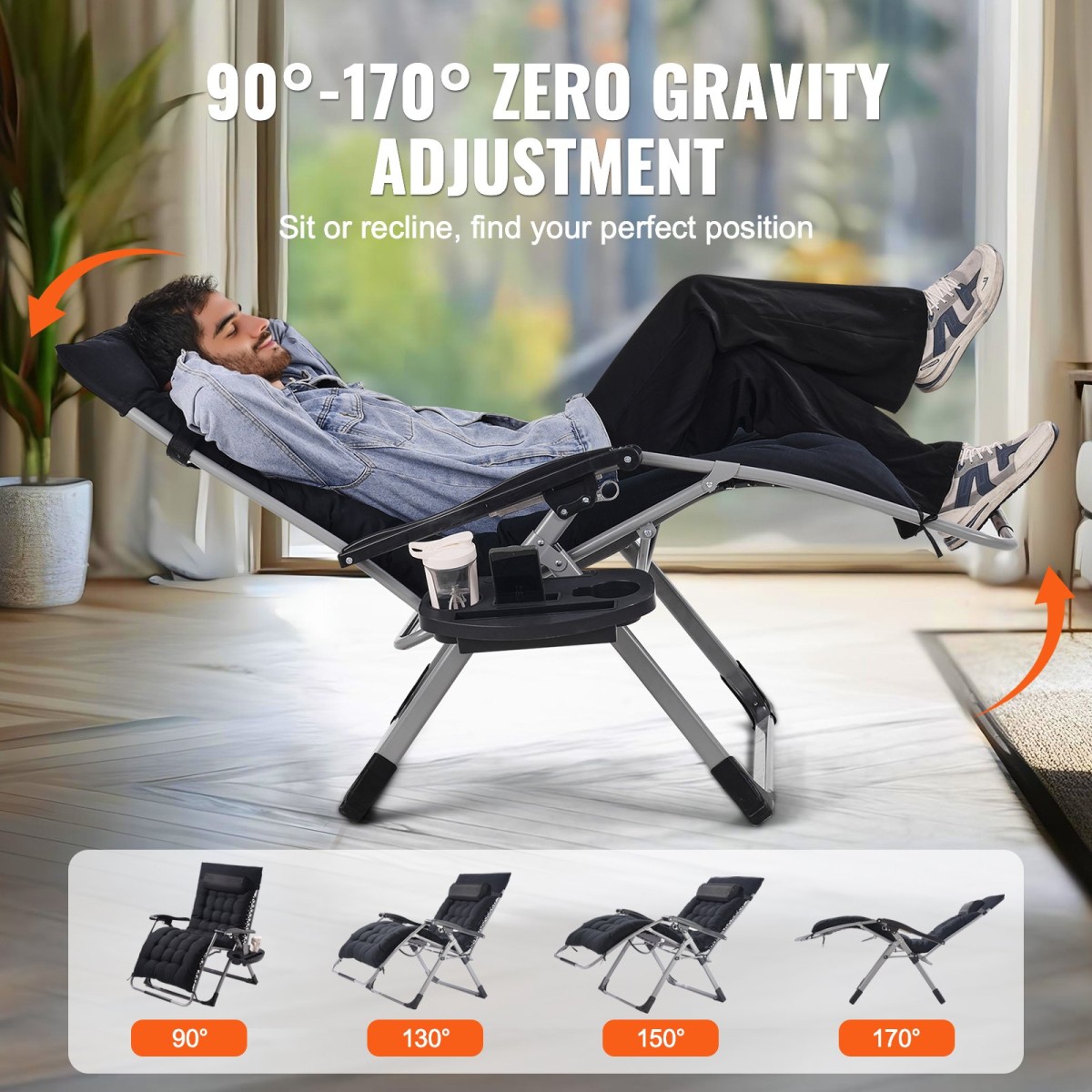 Καρέκλα VEVOR Zero Gravity, 33 ιντσών Zero Gravity Recliner Lounge Chair για εσωτερικούς και εξωτερικούς χώρους, Ρυθμιζόμενη καρέκλα Anti Gravity με μαξιλάρι, προσκέφαλο, υποπόδιο και ποτηροθήκη, 500 lbs, Μαύρο
