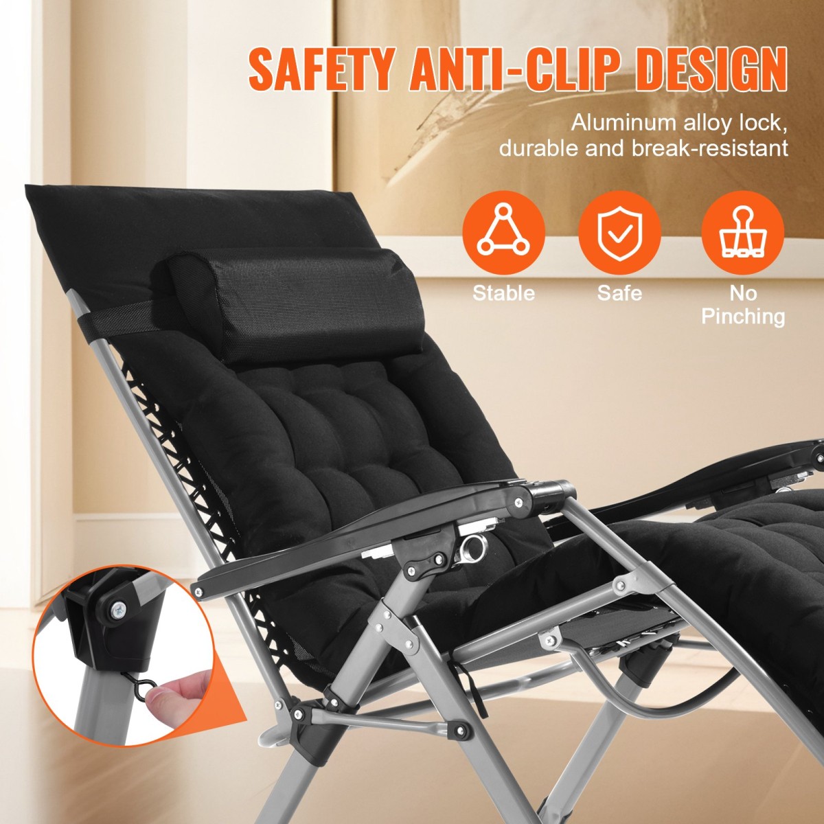 Καρέκλα VEVOR Zero Gravity, 33 ιντσών Zero Gravity Recliner Lounge Chair για εσωτερικούς και εξωτερικούς χώρους, Ρυθμιζόμενη καρέκλα Anti Gravity με μαξιλάρι, προσκέφαλο, υποπόδιο και ποτηροθήκη, 500 lbs, Μαύρο