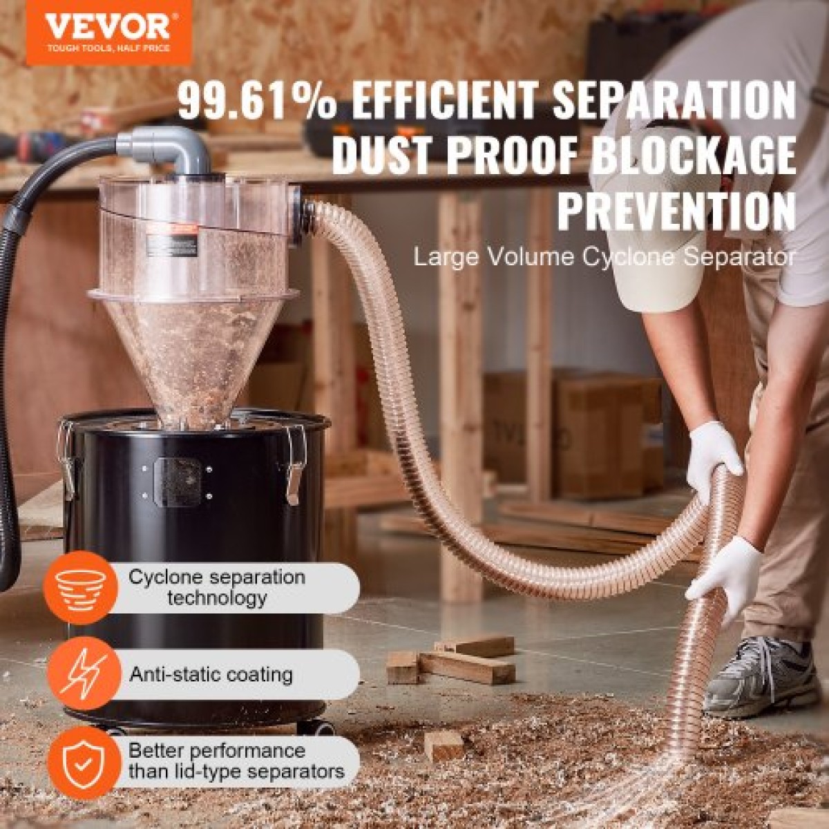 VEVOR Cyclone Dust Separator, 4" Retrofit Cyclone Separator for Dust Collectors, ABS Dust Support With 2" Hole O.D.Σύνδεσμος και σωλήνας για υγρές/στεγνές ηλεκτρικές σκούπες καταστήματος, Ταιριάζει σε δεξαμενή 18,9-37,85L (Εξαιρείται η δεξαμενή)