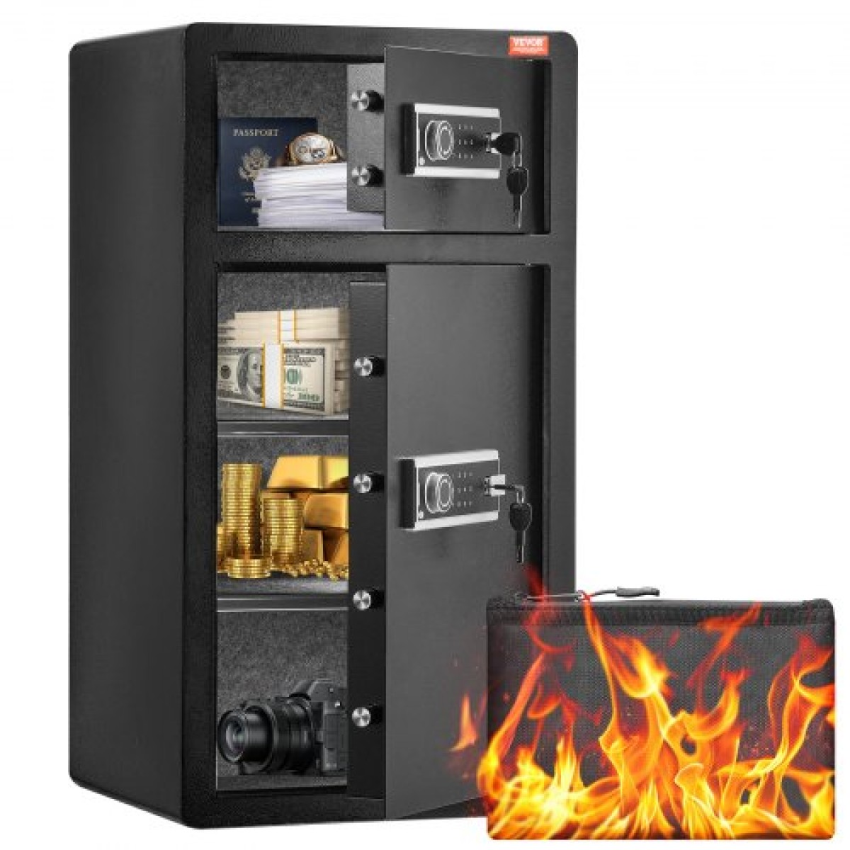 Χρηματοκιβώτιο VEVOR Double Doors 204 L με κλειδαριά & κωδικό πρόσβασης, θυρίδα ασφαλείας με πυρίμαχη τσάντα, βάση κλειδιών, φως LED και 2 ρυθμιζόμενο ύψος και αφαιρούμενο διαχωριστικό για χρήματα, έγγραφα, κοσμήματα και αντικείμενα αξίας, Μαύρο