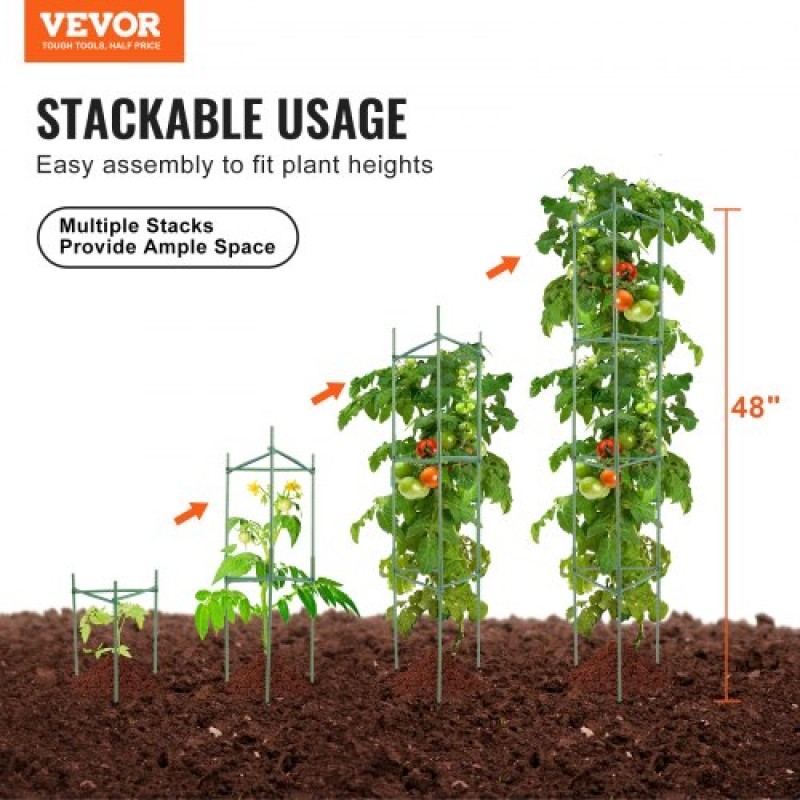 VEVOR 6 Packs Κλουβιά ντομάτας για κήπο, 48 ιντσών Tomato Trellis Plant Stakes Support, Stackable Tall Plant Support Cage, για υπερυψωμένο κρεβάτι κήπου, λαχανικά λουλούδια και αναρριχώμενα φυτά