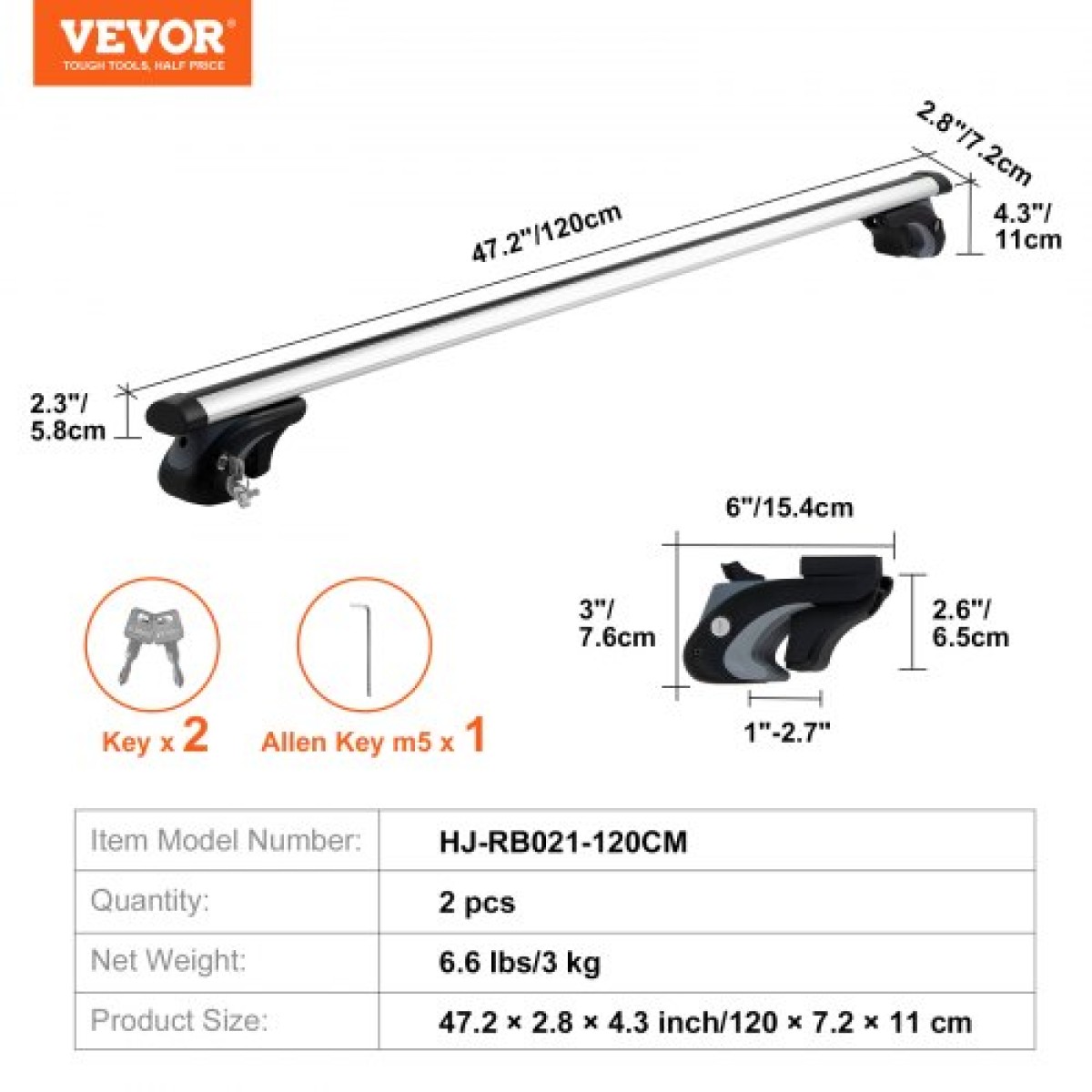 VEVOR Universal Roof Rack Crossbar 119,9 cm μήκος για όχημα με υπερυψωμένη πλαϊνή ράγα