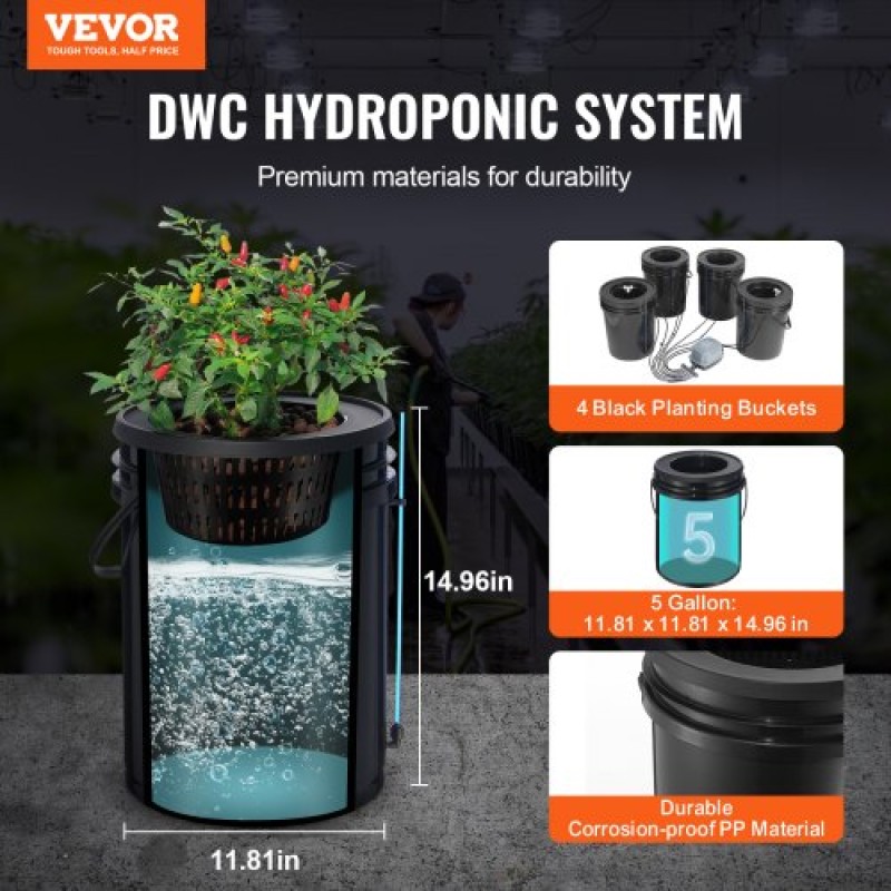 VEVOR DWC Hydroponics Grow System, Hydroponic Growing System with Top Drip Kit, Deep Water Culture 5-Gallon 4 Buckets, with Air Pump, Air Stones και Water Level Device for Leafy Lagetables