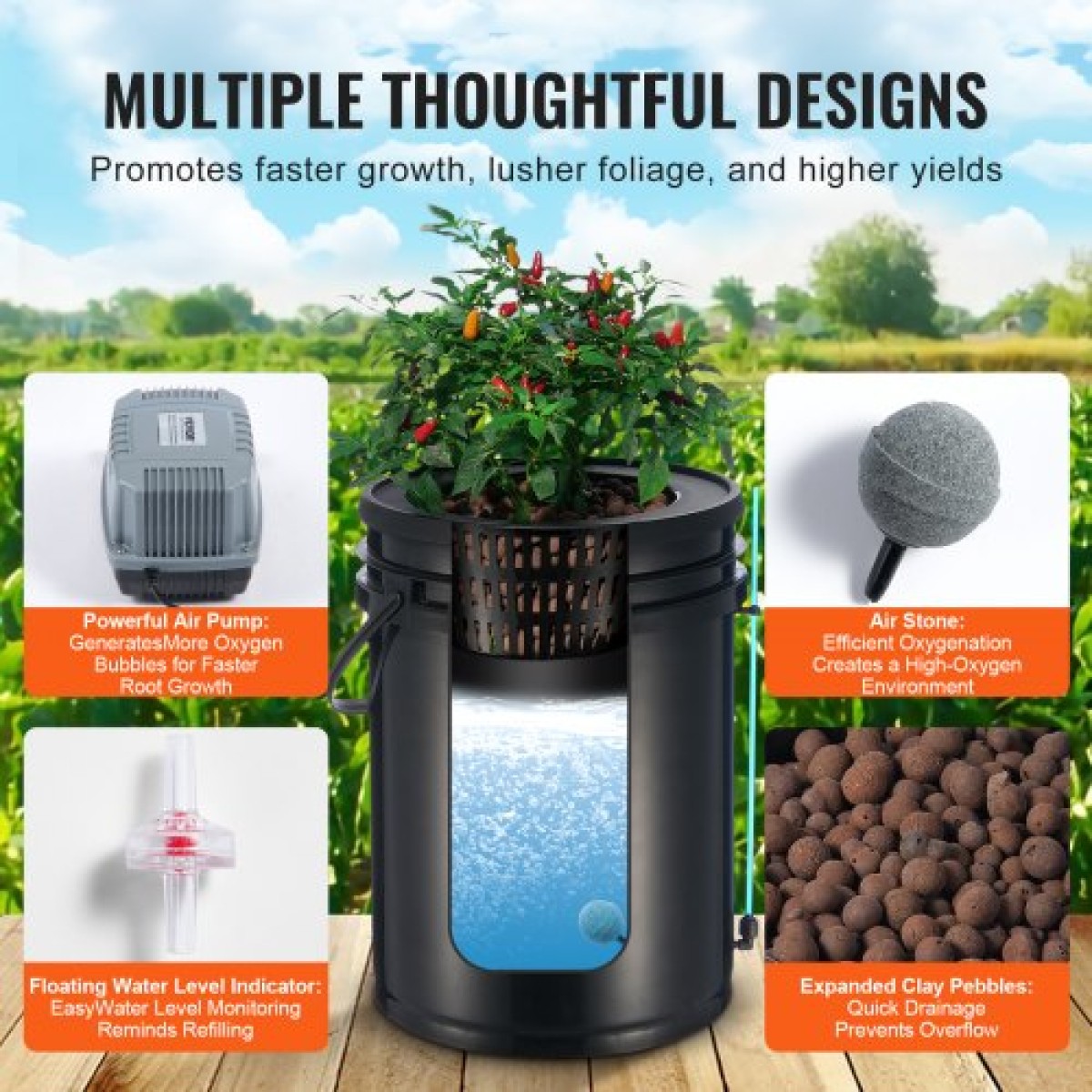 VEVOR DWC Hydroponics Grow System, Hydroponic Growing System with Top Drip Kit, Deep Water Culture 5-Gallon 4 Buckets, with Air Pump, Air Stones και Water Level Device for Leafy Lagetables