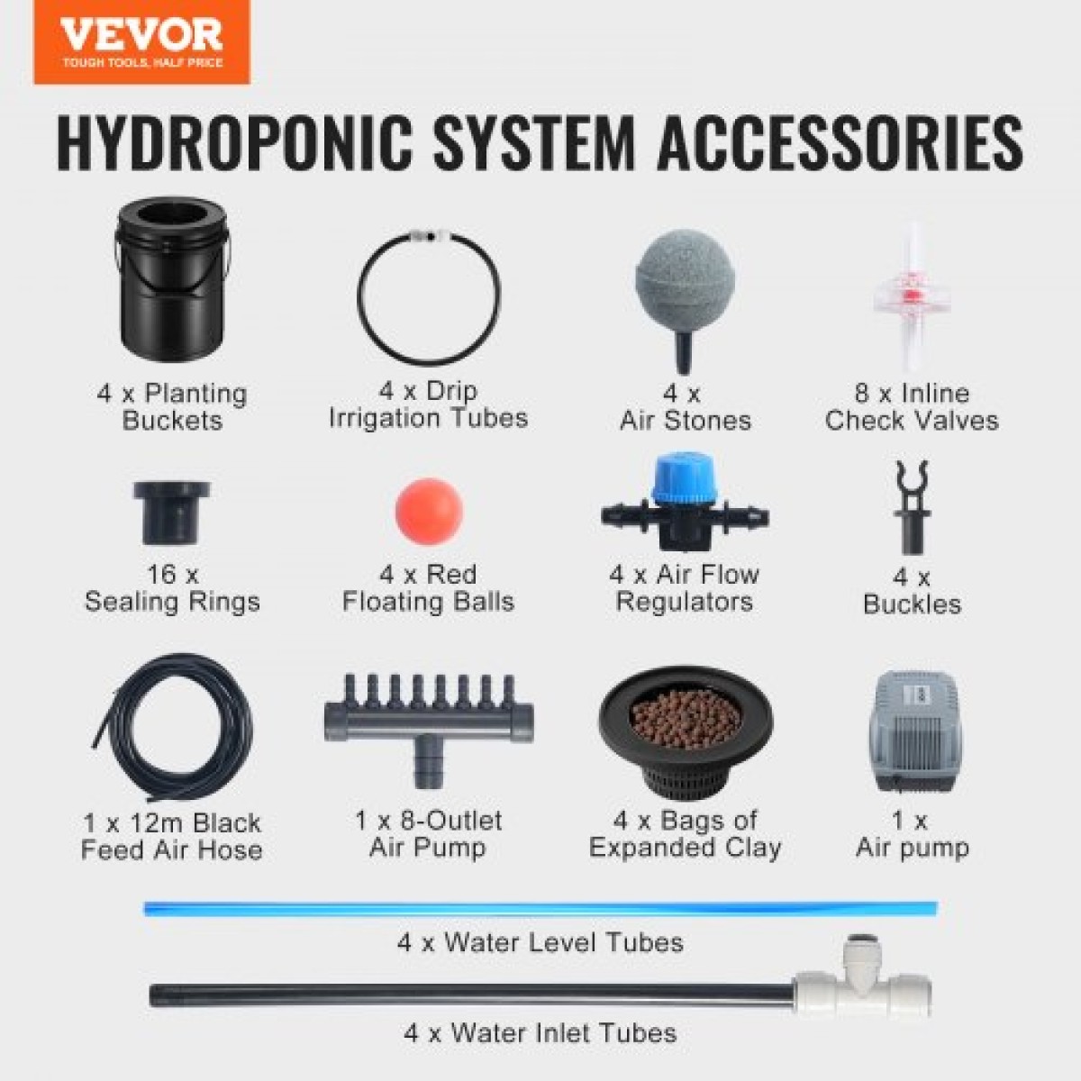 VEVOR DWC Hydroponics Grow System, Hydroponic Growing System with Top Drip Kit, Deep Water Culture 5-Gallon 4 Buckets, with Air Pump, Air Stones και Water Level Device for Leafy Lagetables