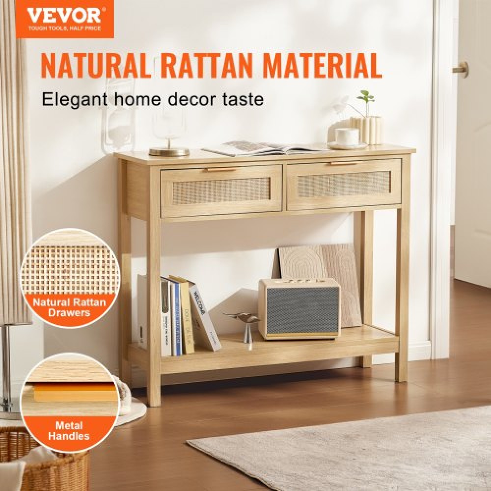 Τραπέζι κονσόλας VEVOR Rattan με 2 συρτάρια αποθήκευσης, Τραπέζι εισόδου Rattan με συρόμενη πόρτα από φυσικό Rattan, Τραπέζι καναπέ κονσόλας για σαλόνι, μελέτη, είσοδο ή τοίχο τηλεόρασης, φυσικό