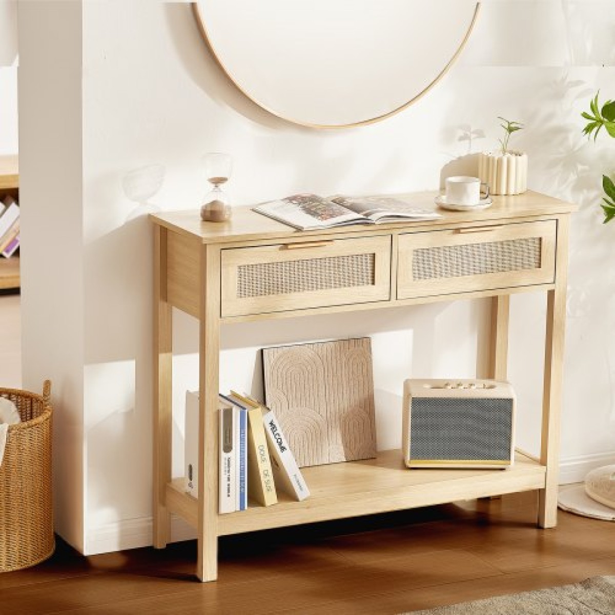 Τραπέζι κονσόλας VEVOR Rattan με 2 συρτάρια αποθήκευσης, Τραπέζι εισόδου Rattan με συρόμενη πόρτα από φυσικό Rattan, Τραπέζι καναπέ κονσόλας για σαλόνι, μελέτη, είσοδο ή τοίχο τηλεόρασης, φυσικό