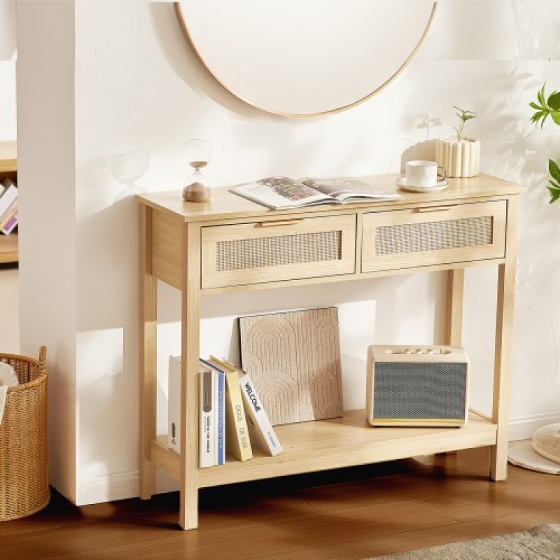 Τραπέζι κονσόλας VEVOR Rattan με 2 συρτάρια αποθήκευσης, Τραπέζι εισόδου Rattan με συρόμενη πόρτα από φυσικό Rattan, Τραπέζι καναπέ κονσόλας για σαλόνι, μελέτη, είσοδο ή τοίχο τηλεόρασης, φυσικό