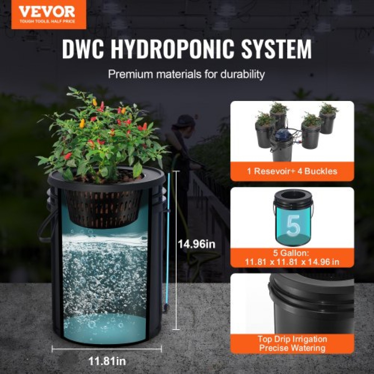 VEVOR RDWC Hydroponics System Recirculating Deep Water Culture 4 Buckets 18,9 L