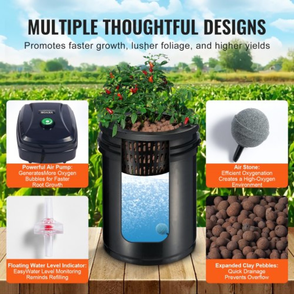 VEVOR RDWC Hydroponics System Recirculating Deep Water Culture 4 Buckets 18,9 L