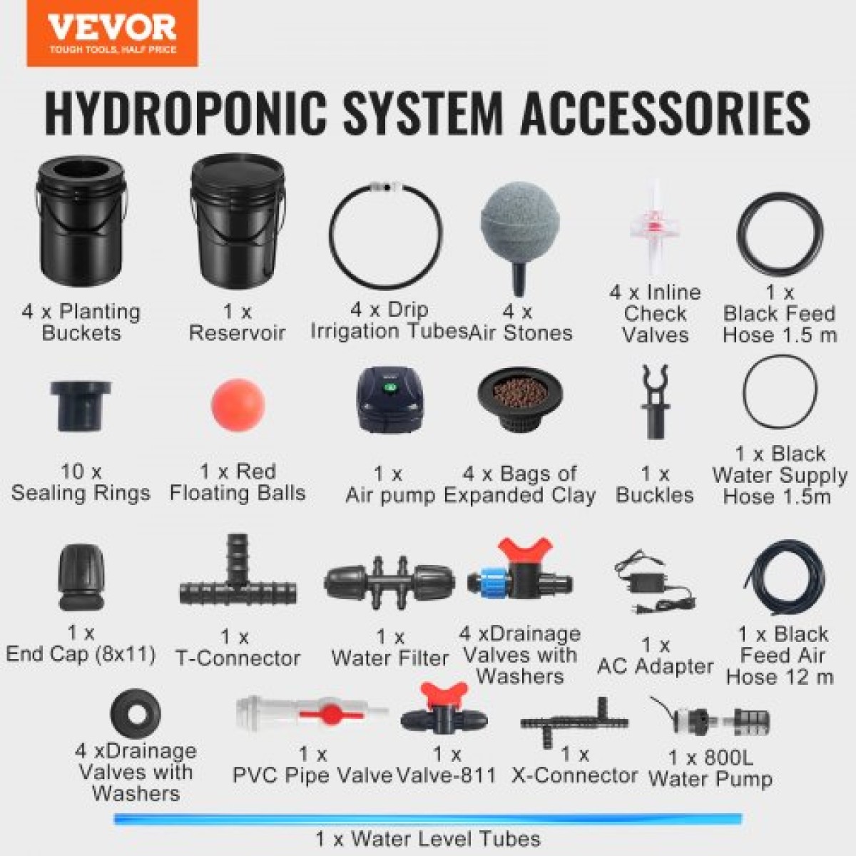 VEVOR RDWC Hydroponics System Recirculating Deep Water Culture 4 Buckets 18,9 L