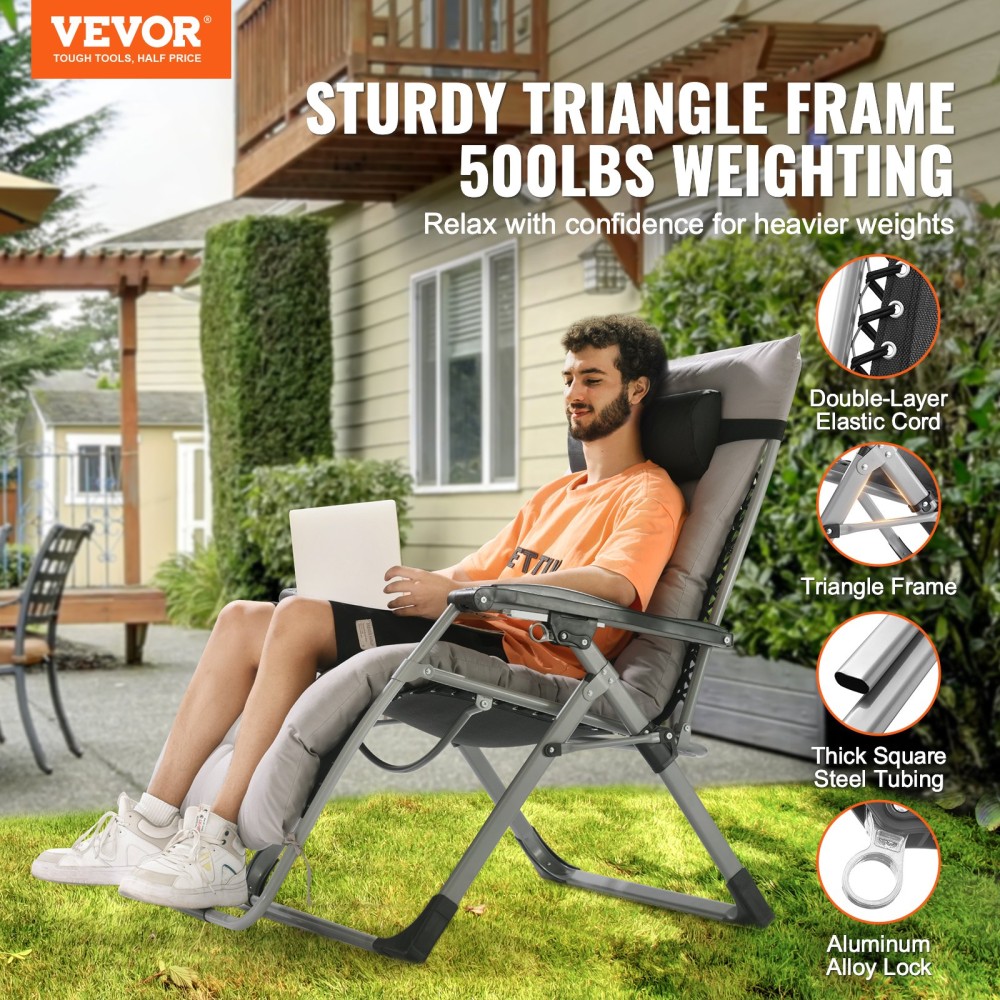 Καρέκλα VEVOR Zero Gravity, 33 ιντσών Zero Gravity Recliner Lounge Chair για εσωτερικούς και εξωτερικούς χώρους, Ρυθμιζόμενη καρέκλα Anti Gravity με μαξιλάρι, προσκέφαλο, υποπόδιο και ποτηροθήκη, 500 lbs, γκρι