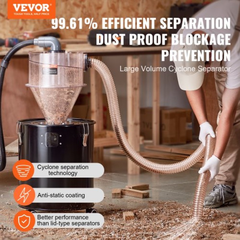 VEVOR Cyclone Dust Separator with Metal Tank, 4" Retrofit Cyclone Separator for Dust Collectors, ABS Dust Support With 2" Hole O.D.Σύνδεσμος & σωλήνας για υγρές/στεγνές ηλεκτρικές σκούπες καταστήματος, Ταιριάζει σε δοχείο 50L