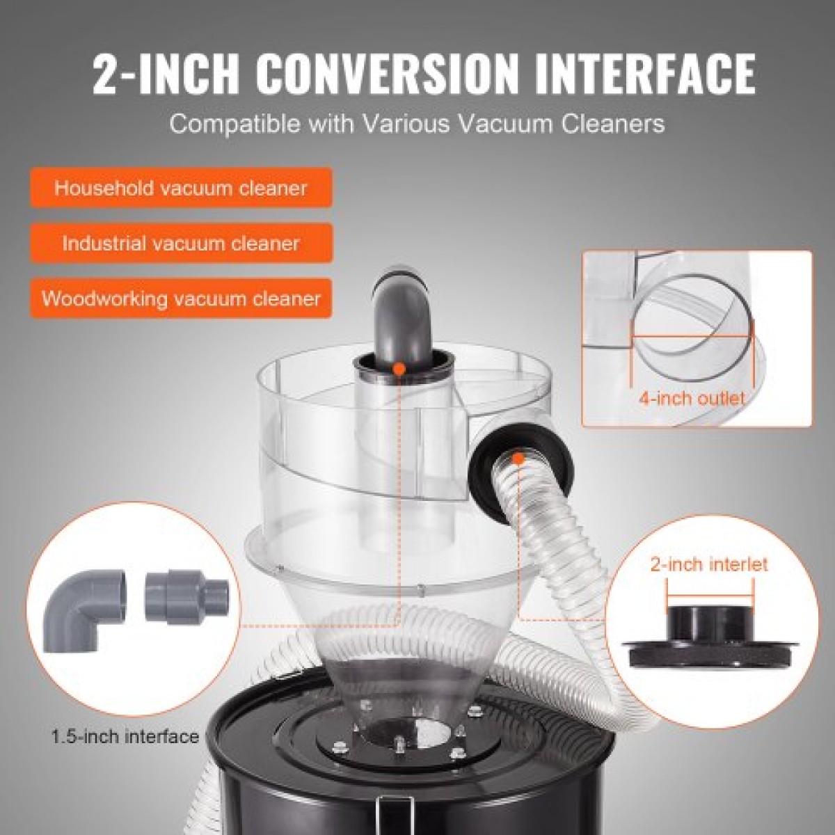 VEVOR Cyclone Dust Separator with Metal Tank, 4" Retrofit Cyclone Separator for Dust Collectors, ABS Dust Support With 2" Hole O.D.Σύνδεσμος & σωλήνας για υγρές/στεγνές ηλεκτρικές σκούπες καταστήματος, Ταιριάζει σε δοχείο 50L